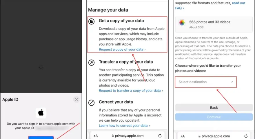 Här visas hur du kan ladda ner bilder från iPhone. Välj att begära en kopia av din data eller överföra den till en annan tjänst.