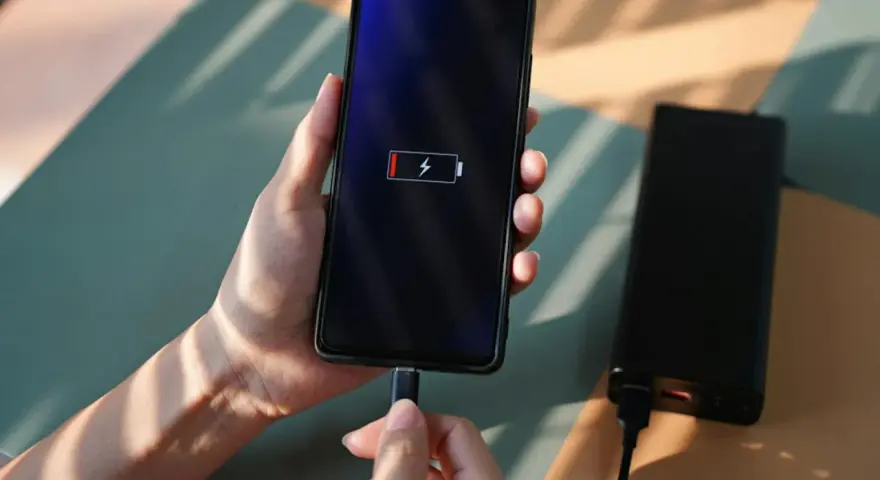 En hand håller en mobil som laddas med en datorladdare. Batteriikonen visar låg laddning.