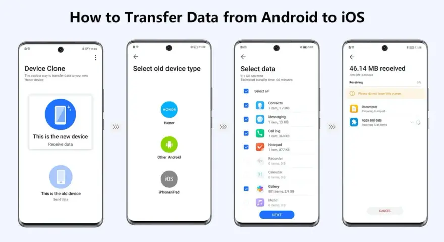 Steg för att flytta data från Samsung till iPhone. Visar hur du väljer data och överför till ny enhet.
