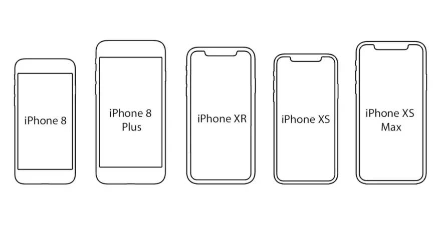 Linjerade illustrationer av iPhones i olika storlekar: iPhone 8, 8 Plus, XR, XS och XS Max. Jämför iPhone XR mått med andra modeller.