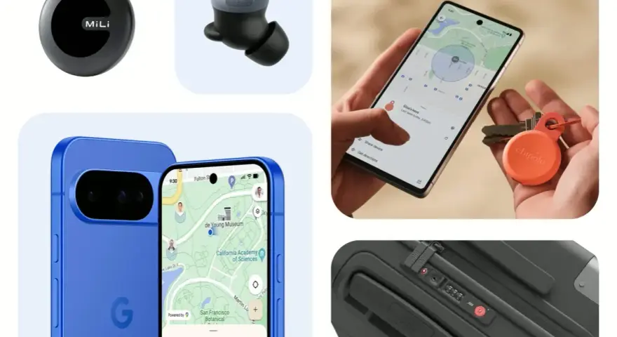 Hitta min mobil med hjälp av spårningsbrickor och kartor. En blå Pixel-telefon visar en karta, en hand håller en annan telefon med en spårningsbricka och nycklar.