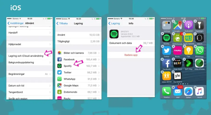 Visar hur du kan ta bort appar på iPhone. Navigera till Lagring och iCloud-användning för att se och radera appar.