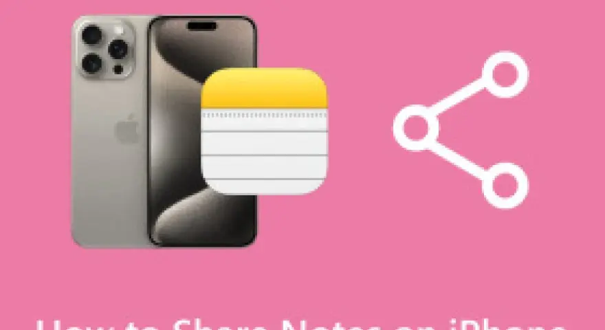 En bild som visar hur man kan dela anteckningar på iPhone. Två iPhones, en anteckningsikon och en delningssymbol.