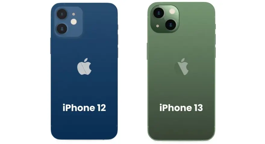 Jämförelse av iPhone 12 och 13. Den blå iPhone 12 har två kameror, medan den gröna iPhone 13 har en diagonal kameralinsplacering.