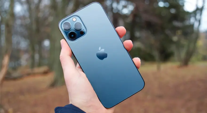 En hand håller en blå iPhone 12 Pro Max. Dess storlek är perfekt för att fånga höstens färger i bakgrunden.
