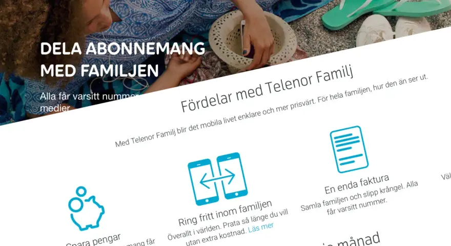 Telenor Familj: dela abonnemang med familjen. Alla får varsitt nummer och kan ringa fritt inom familjen. En extra SIM-kort för hela familjen.