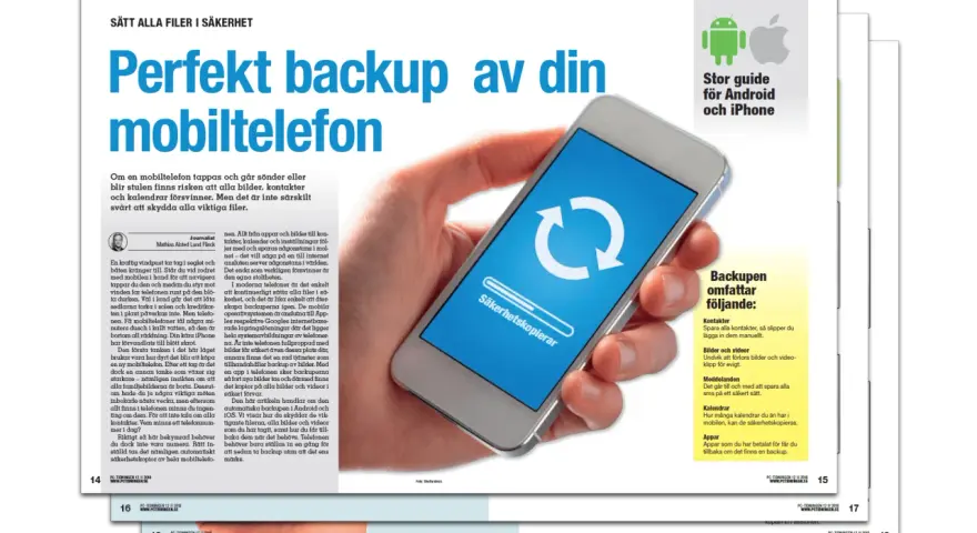 En hand håller en mobiltelefon med en ikon för säkerhetskopiering. Artikeln handlar om hur man kan kopiera sms och andra filer för backup.