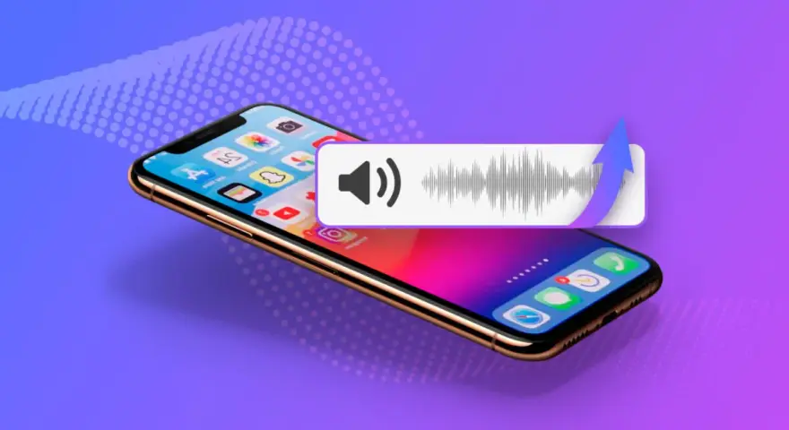 iPhone med ljudvåg och pil som symboliserar att den tappat iPhone i vatten och nu behöver repareras.