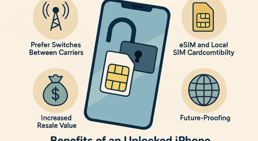 En bild som visar fördelarna med en upplåst iPhone, inklusive hur man kan låsa upp sim-kort iPhone för att byta operatör.
