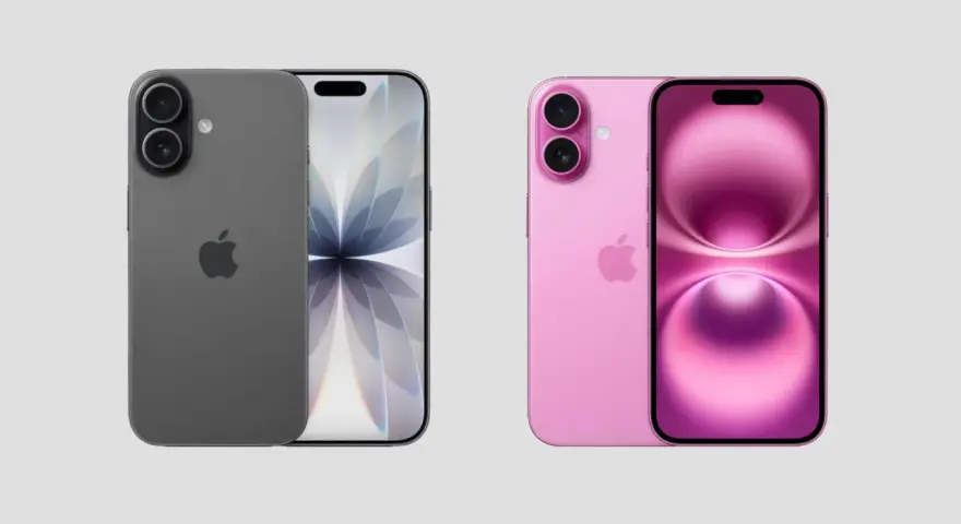 Två iPhones, en grå och en rosa, visas upp. Den grå har en skärm med ett abstrakt mönster. Den rosa visar en skärm med en mjuk, rundad design. Kanske en framtida iPhone 20?