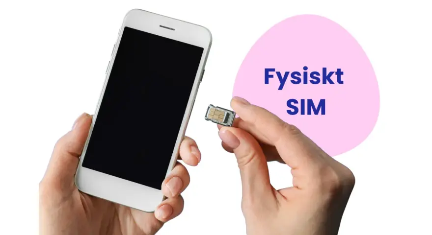 En hand håller en smartphone och ett SIM-kort. Texten "Fysiskt SIM" syns i en rosa cirkel. Perfekt för dig som behöver dubbla simkort.