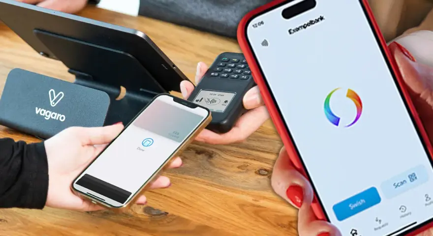 Betalning sker via mobil. En telefon visar "Done" och en annan har en bankapp med Swish-knapp.