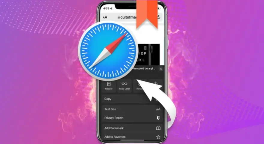 Safari-ikonen på en iPhone som visar en meny med alternativ. En pil pekar mot "Reload". Uppdatera Safari på din iPhone för en smidigare webbupplevelse.