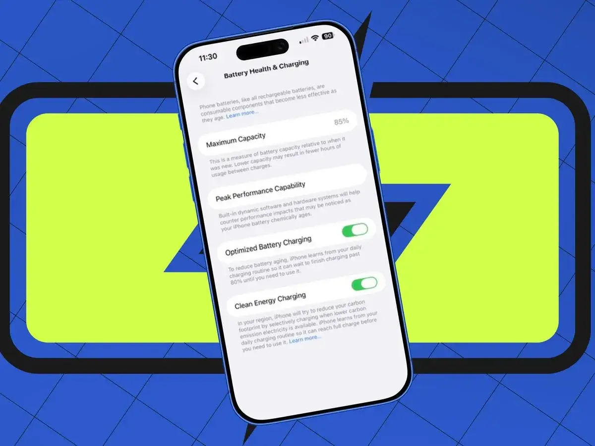iPhone-sk&auml;rm som visar batterih&auml;lsa och laddningsinst&auml;llningar. Visar maximal kapacitet 85% och optimerad laddning. Bra f&ouml;r samtalstid iPhone.