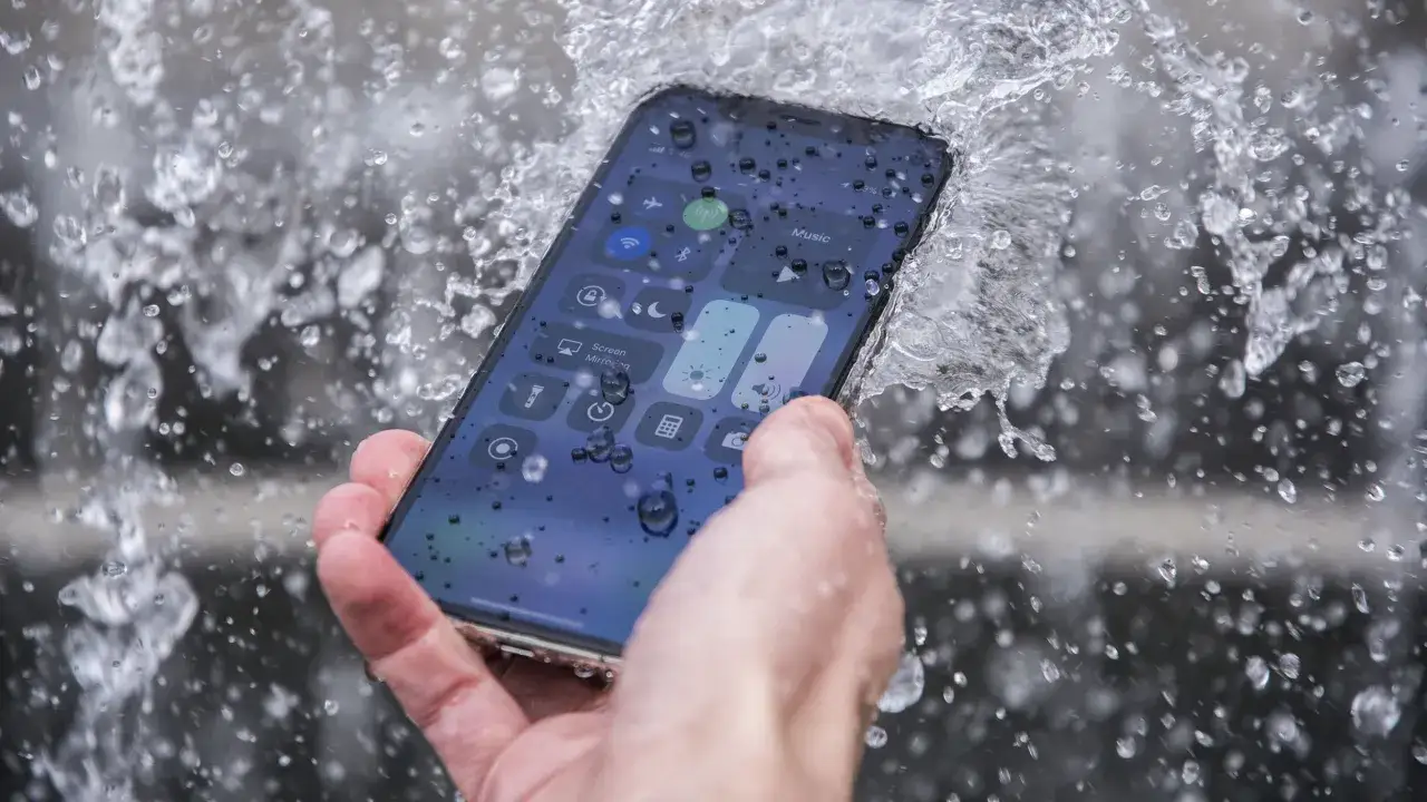 En hand h&aring;ller en smartphone som uts&auml;tts f&ouml;r vattenst&auml;nk. Detta visar att telefonen har IPX4-klassning, vilket betyder att den &auml;r skyddad mot st&auml;nk fr&aring;n alla h&aring;ll.
