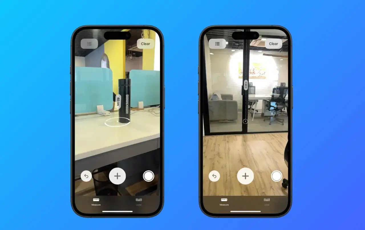 Tv&aring; iPhone-sk&auml;rmar visar m&auml;tappens funktioner. Den v&auml;nstra m&auml;ter en flaska till 40 cm, den h&ouml;gra visar en rumsstorlek p&aring; 2,59 m. iphone lidar-tekniken m&ouml;jligg&ouml;r dessa exakta m&auml;tningar.