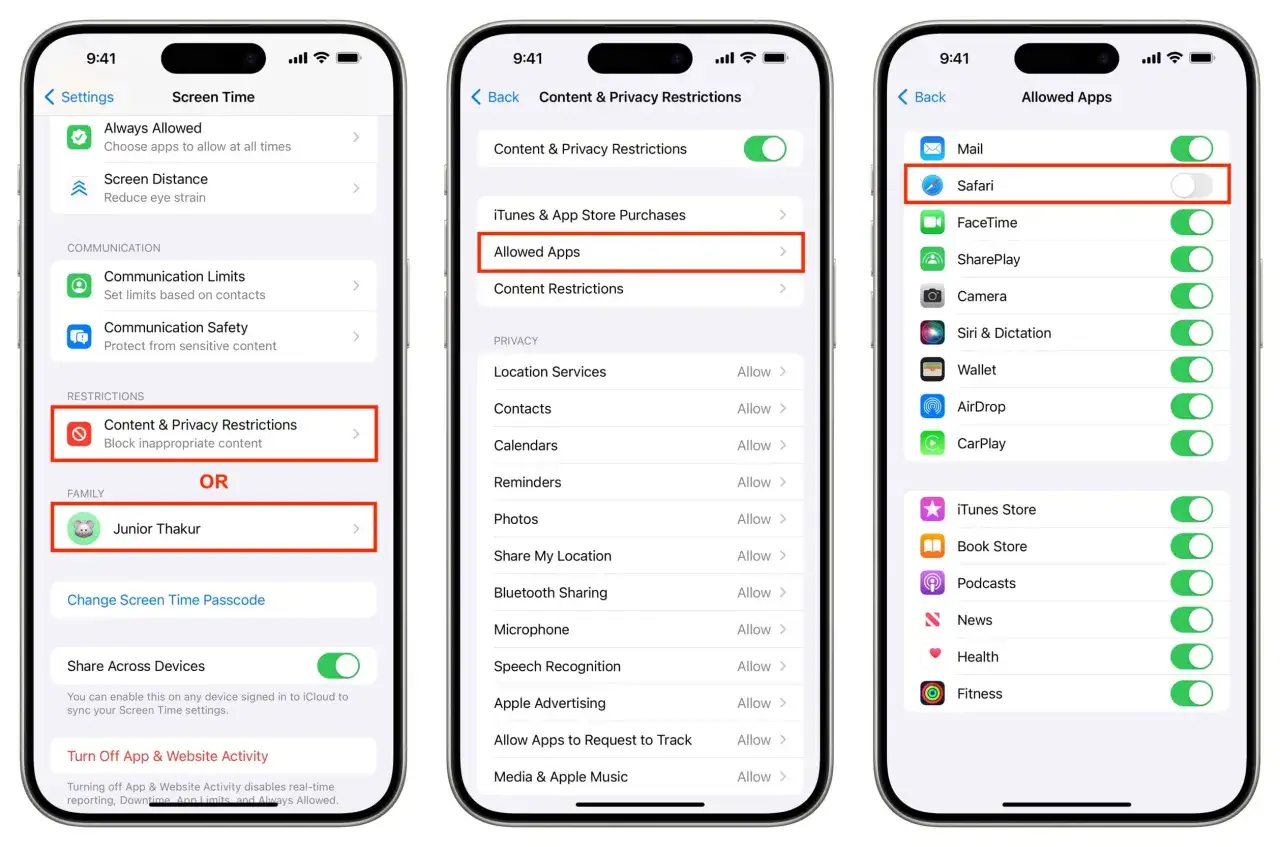 Stäng av Safari för att blockera hemsidor på iPhone. Gå till Inställningar > Skärmtid > Innehålls- och integritetsbegränsningar > Tillåtna appar.
