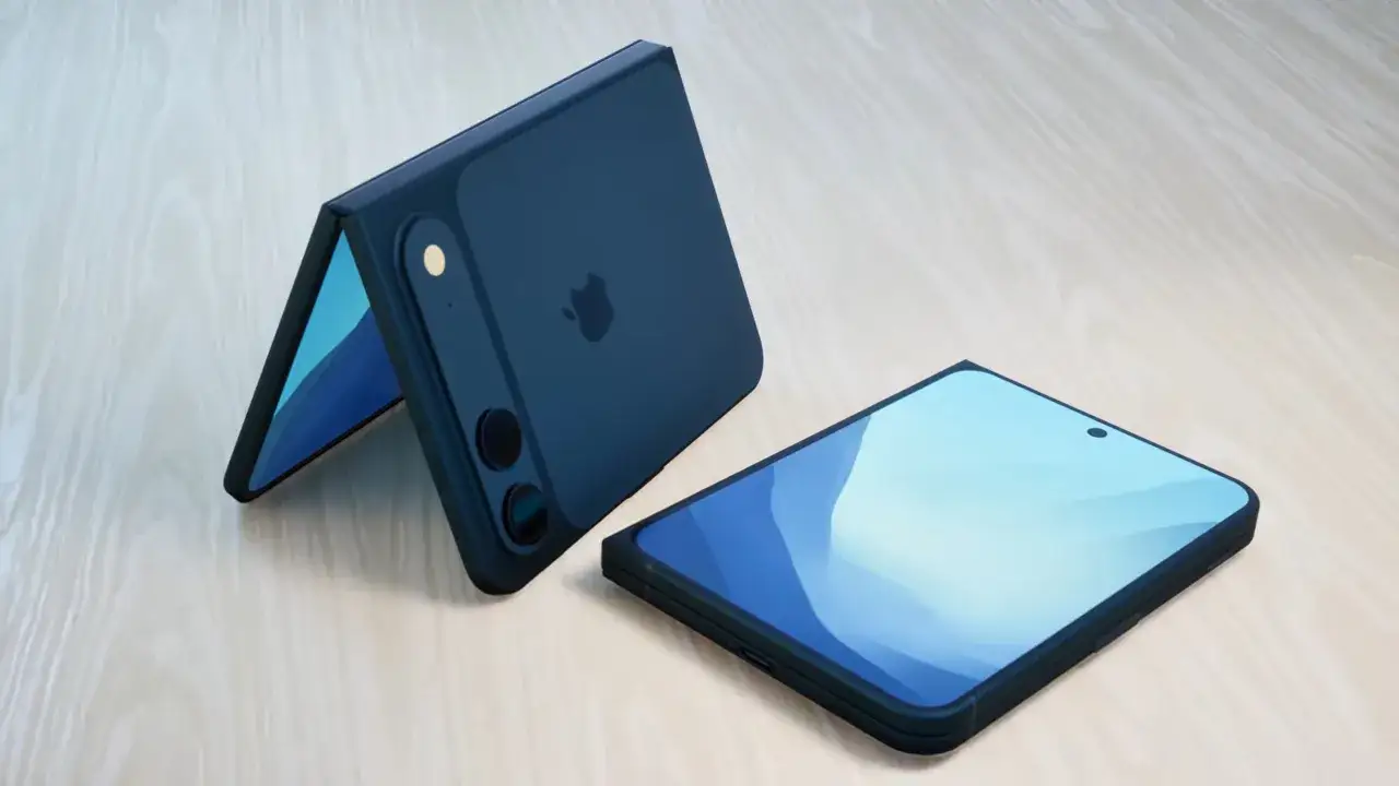 En m&ouml;rkbl&aring; iPhone flip-telefon, delvis &ouml;ppen, med en annan enhet liggande bredvid.