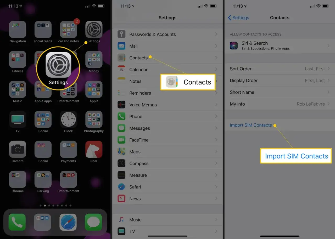 Inst&auml;llningar p&aring; iPhone, v&auml;lj Kontakter f&ouml;r att spara kontakter fr&aring;n SIM-kortet.