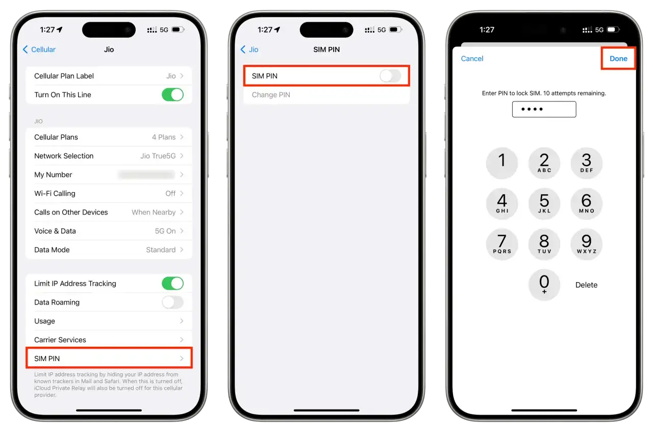 iPhone-skärmar visar inställningar för SIM PIN. En skärm visar alternativ för mobilabonnemang, en annan visar SIM PIN-inställningar och den tredje visar en numerisk knappsats för att ange PIN-koden.