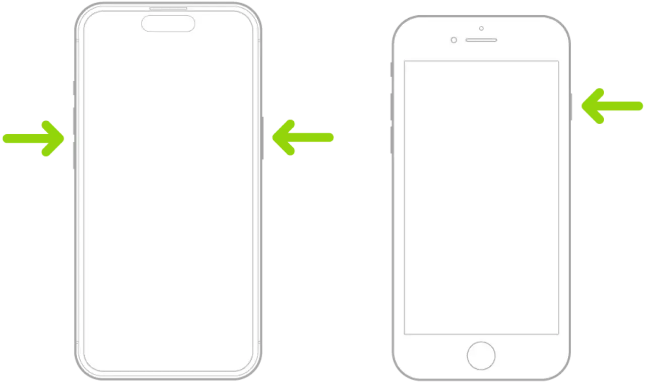 Tv&aring; iPhones, en nyare och en &auml;ldre modell, med gr&ouml;na pilar som indikerar hur man kan sl&aring; av iPhone.