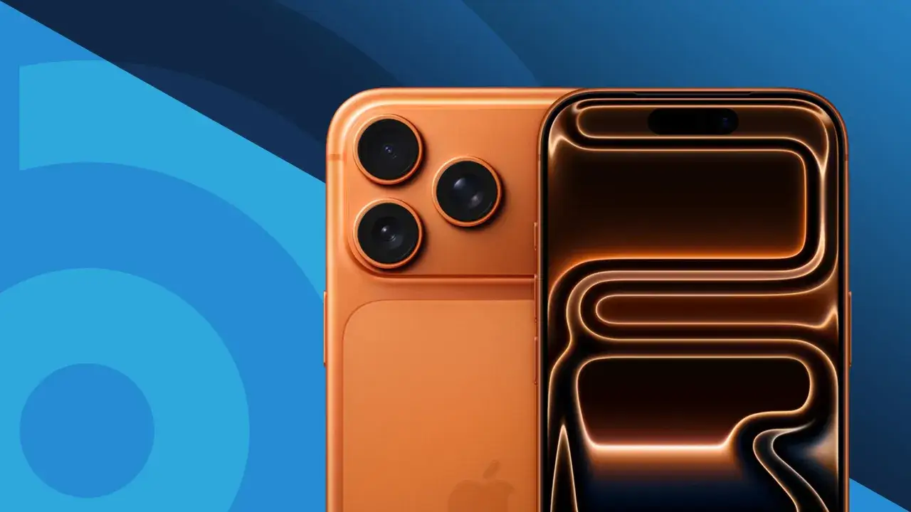 Två orangea iPhones, en med tre kameror och en med en ljusdesign på skärmen. Kanske den minsta mobilen någonsin?
