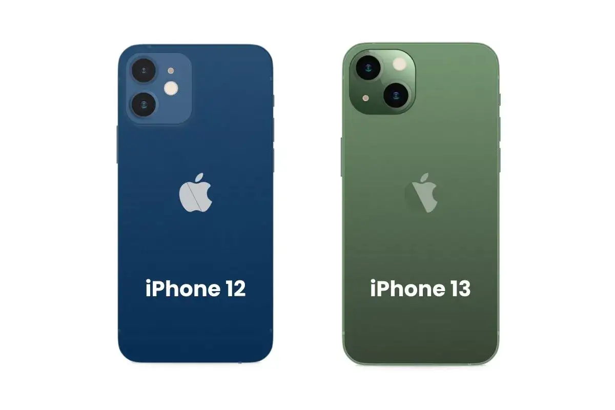 Jämförelse av skillnad iPhone 12 och 13. Två iPhones, en blå iPhone 12 och en grön iPhone 13, visas sida vid sida.