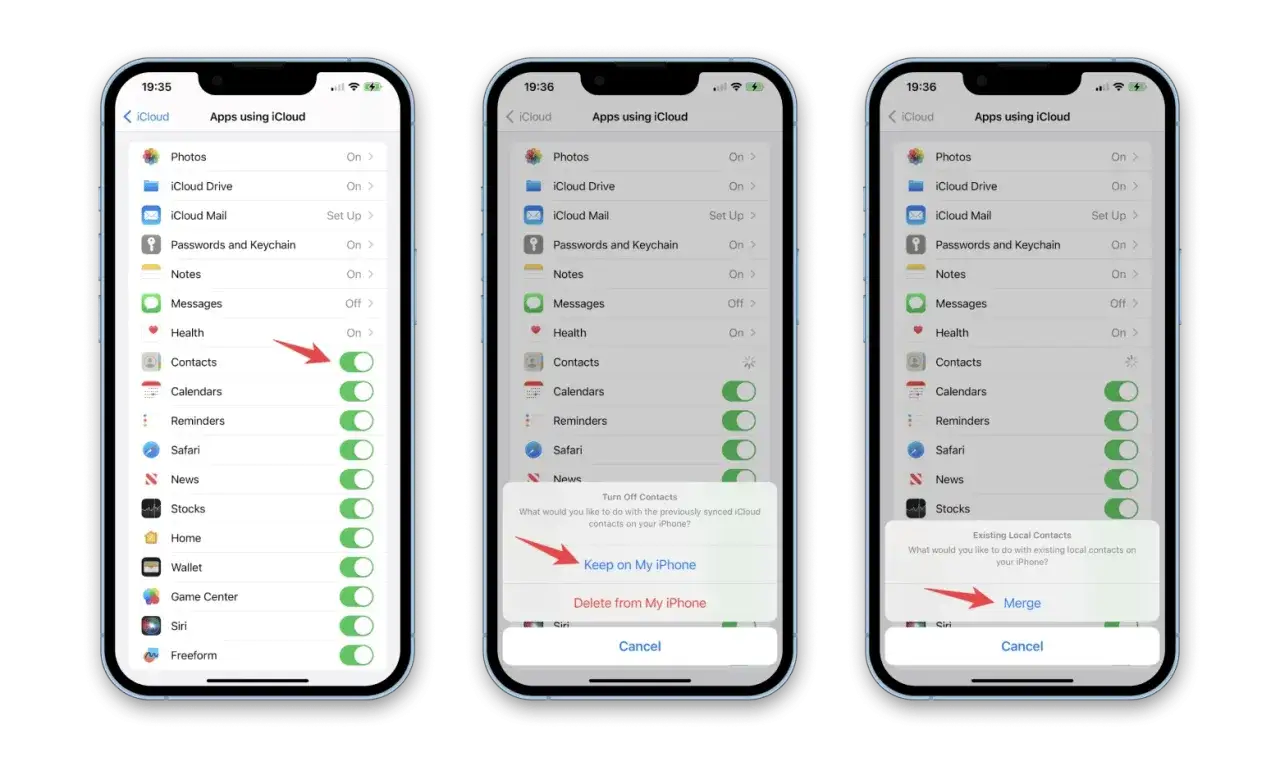 Inst&auml;llningar f&ouml;r kontakter borta iPhone. V&auml;lj att beh&aring;lla eller radera kontakter vid avst&auml;ngning av iCloud-synkronisering.