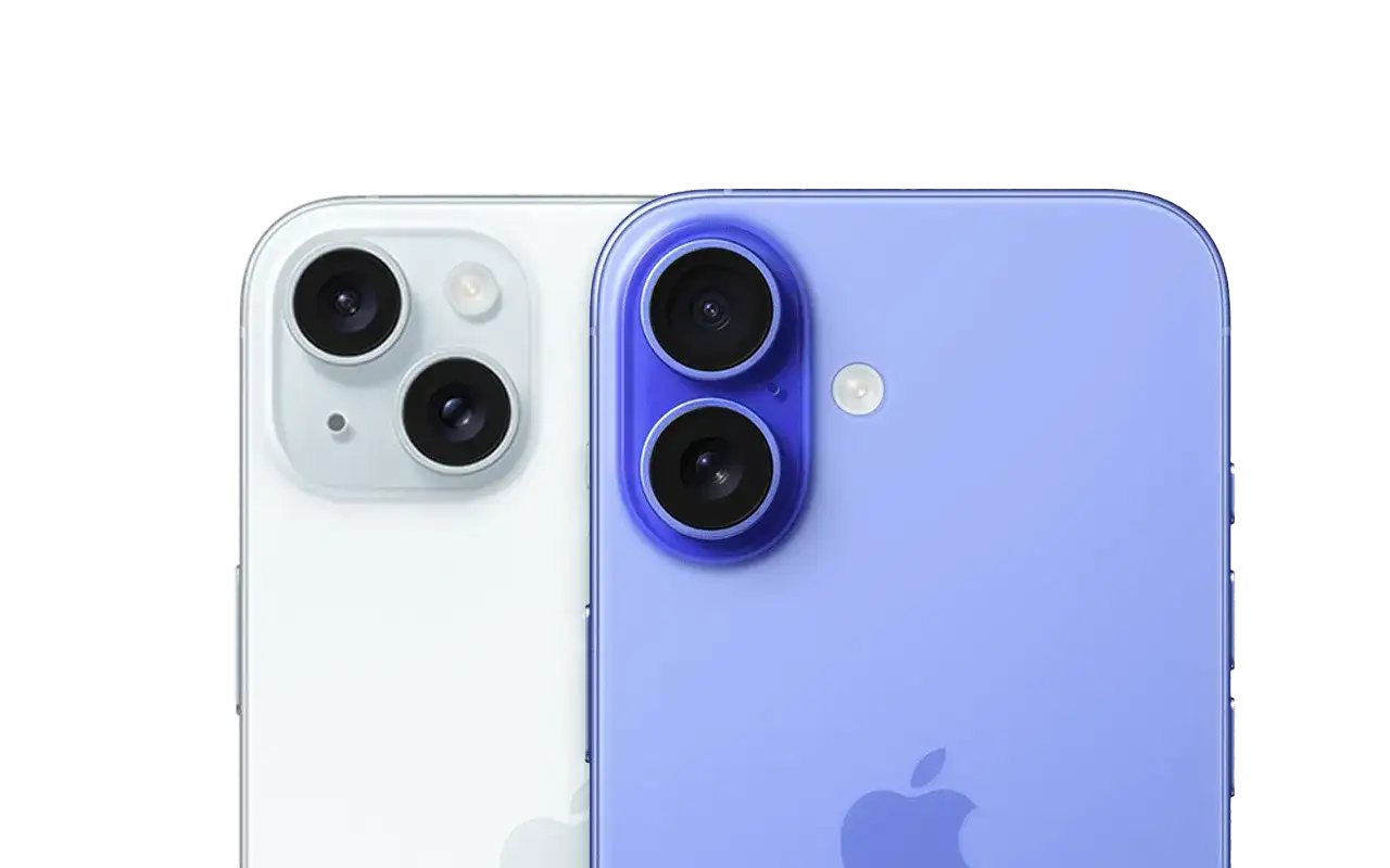 Tv&aring; iPhones, en vit och en lila, visar upp sina dubbla kameror. Den lila telefonen har en framtr&auml;dande kameraenhet som en del av iphone 15 kamera-designen.