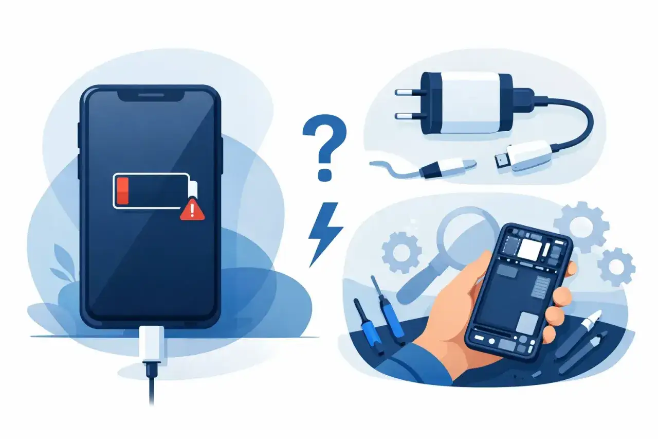 En mobil visar lågt batteri och en varning. Bredvid syns laddare, verktyg och en öppen mobil, vilket antyder att mobilen laddar inte.