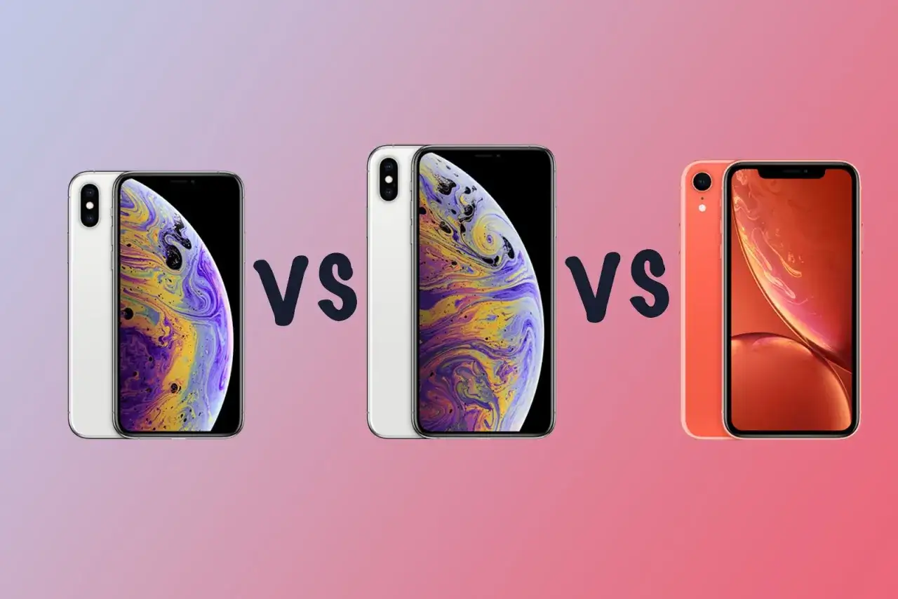 J&auml;mf&ouml;relse mellan iPhone XS och XR. Tv&aring; vita iPhone XS bredvid varandra, med en orange iPhone XR p&aring; h&ouml;ger sida.