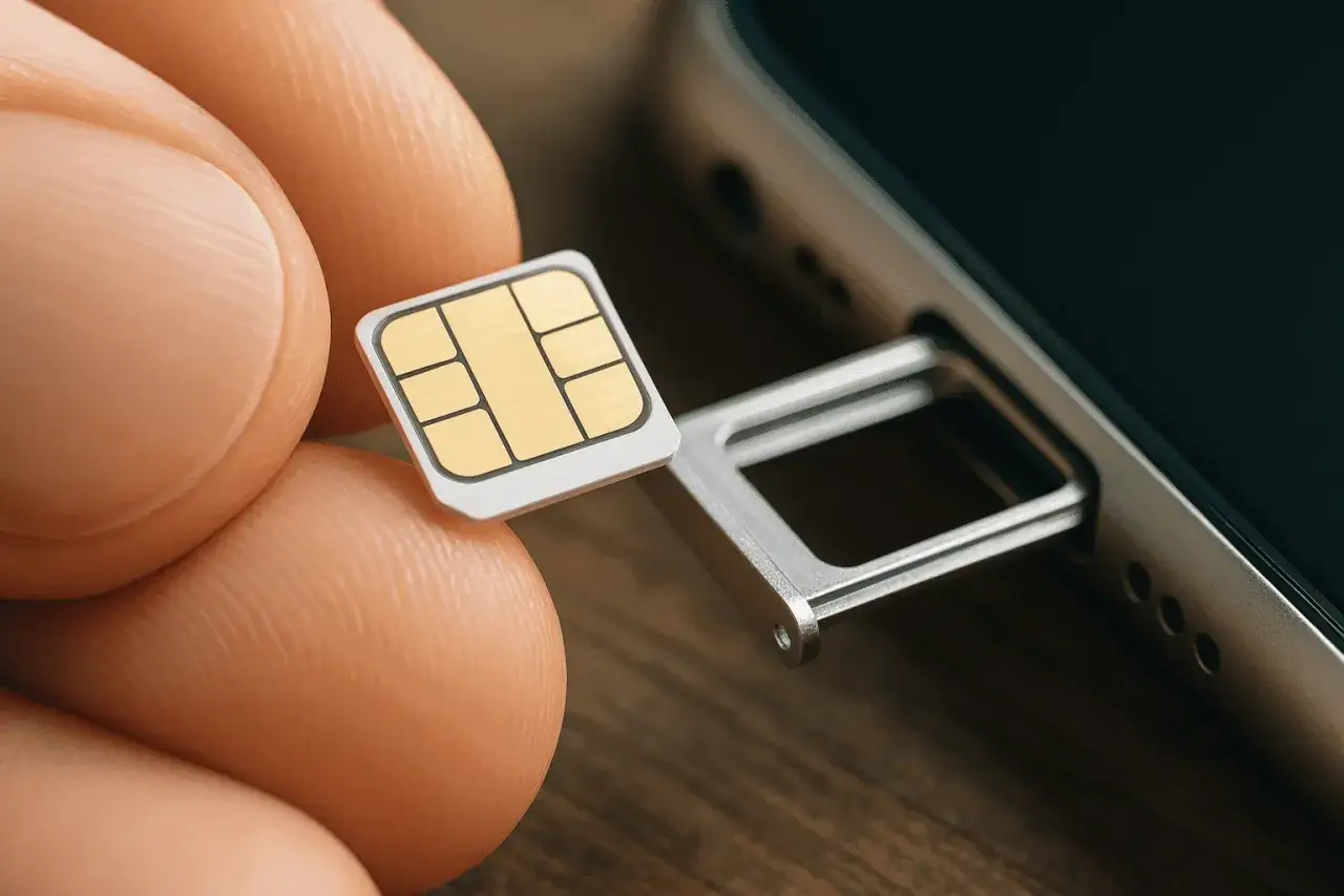Fingrar håller ett SIM-kort redo att sättas in i en iPhone 6. Enkel hantering för att låsa upp SIM iPhone 6.