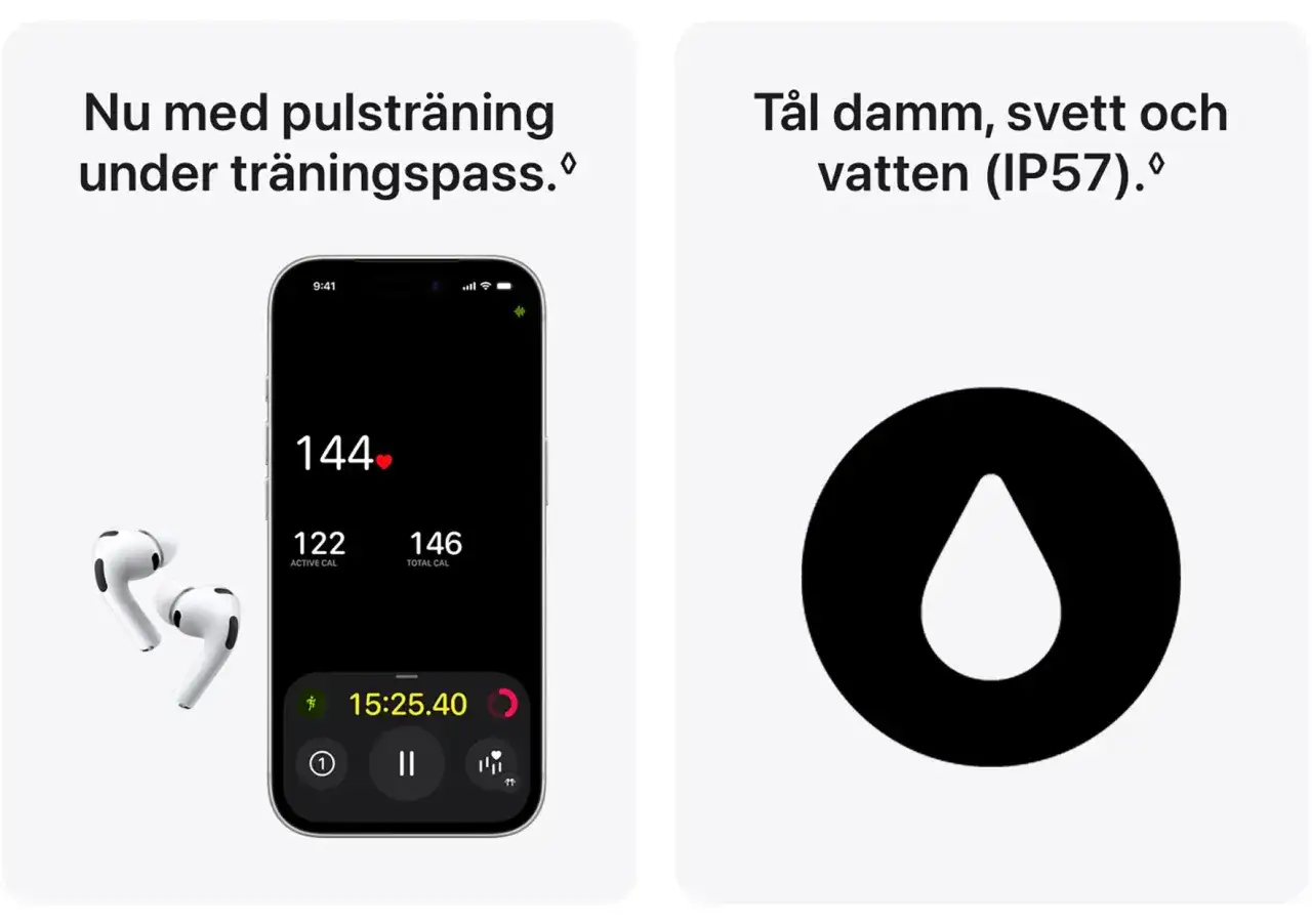 AirPods Pro 3 med pulsträning och IP57-klassning för svett och vatten. Perfekt för dina träningspass.