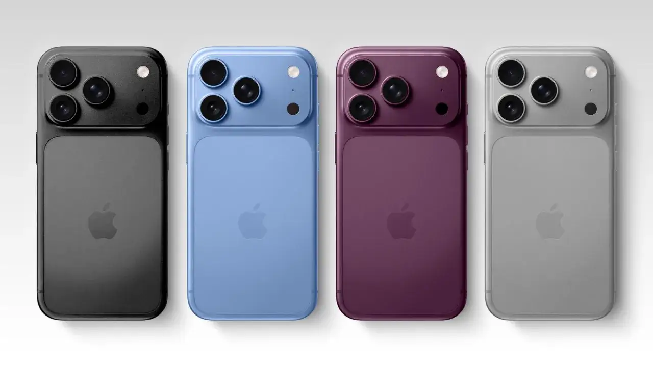 Fyra iPhones i olika färger: svart, blå, lila och silver. Kanske en framtida iPhone 18 Pro?
