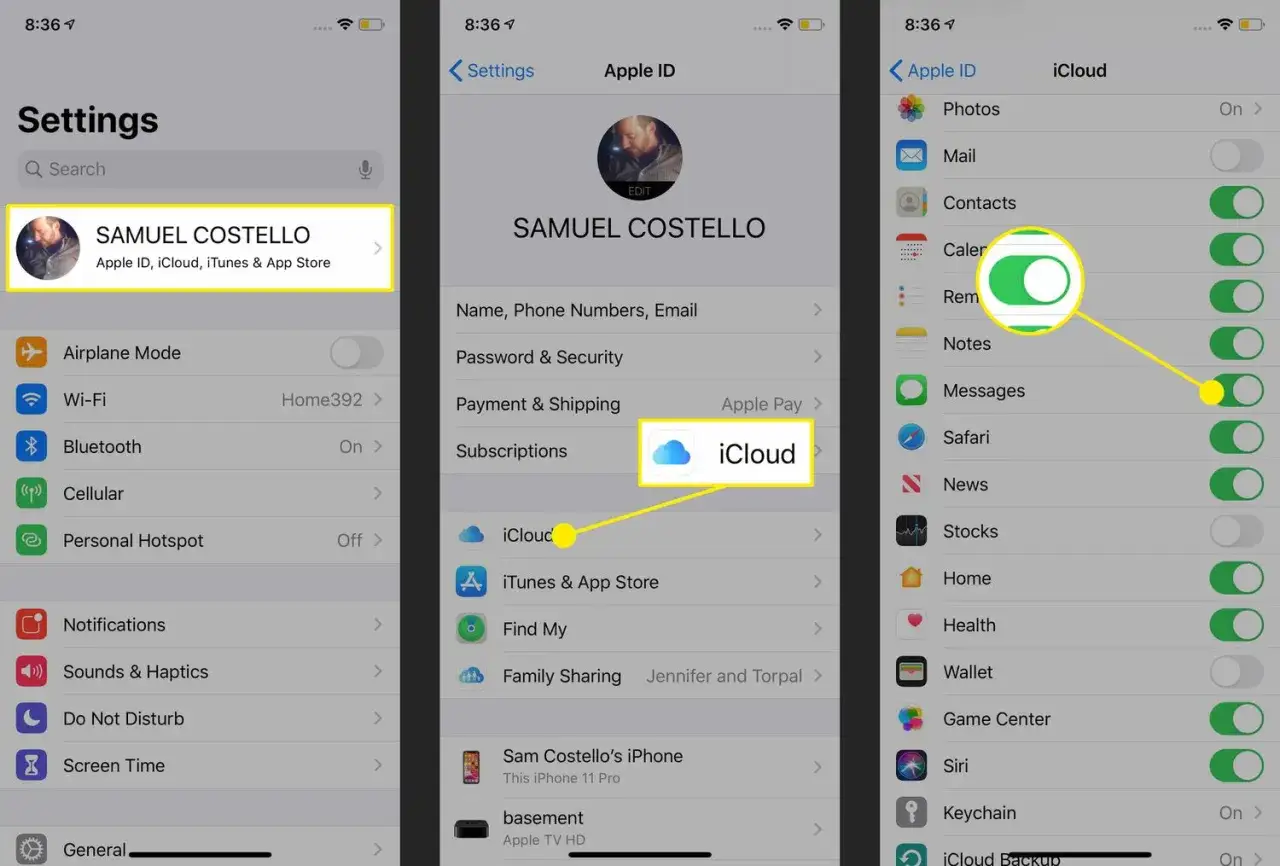 Inst&auml;llningar p&aring; iPhone visar hur du kan flytta SMS till ny telefon iPhone genom att aktivera iCloud-synkronisering.