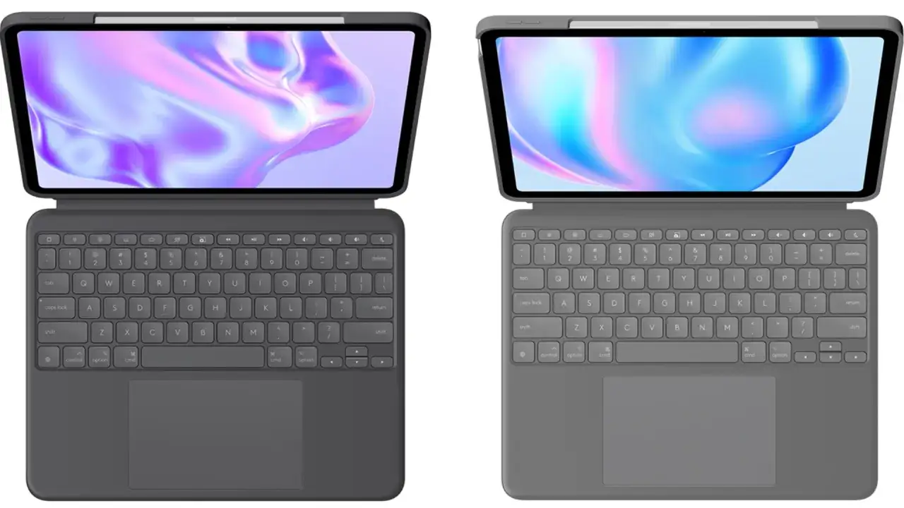 Tv&aring; iPad-tangentbord med sk&auml;rmar som visar abstrakta m&ouml;nster. Ett perfekt ipad tangentbord test f&ouml;r att j&auml;mf&ouml;ra.