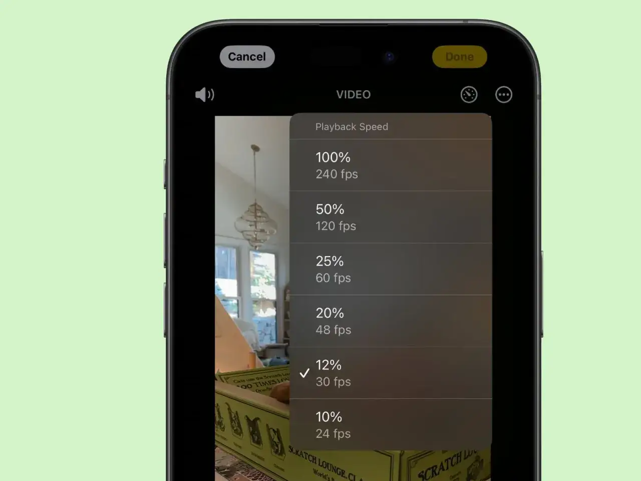 Ändra uppspelningshastigheten på din video på iPhone. Välj 12% för att snabba upp video iPhone.