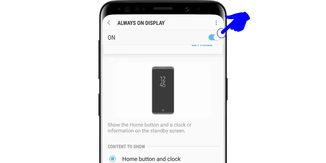 Inst&auml;llningar f&ouml;r Always On Display p&aring; en Samsung-telefon. Att st&auml;nga av detta kan f&ouml;rb&auml;ttra samsung batteritid.