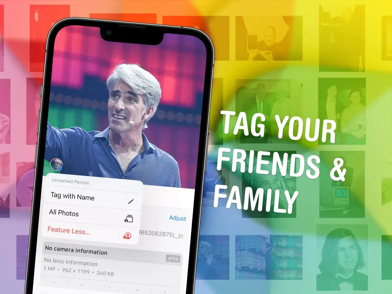 iPhone-sk&auml;rm visar en person och alternativ f&ouml;r att identifiera personen. Texten 