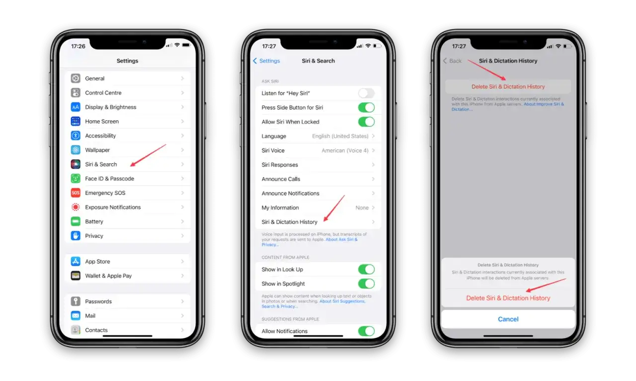 Instruktioner f&ouml;r att rensa cache iPhone. Navigera till Inst&auml;llningar > Siri & S&ouml;k > Siri & Dikteringshistorik f&ouml;r att radera data.