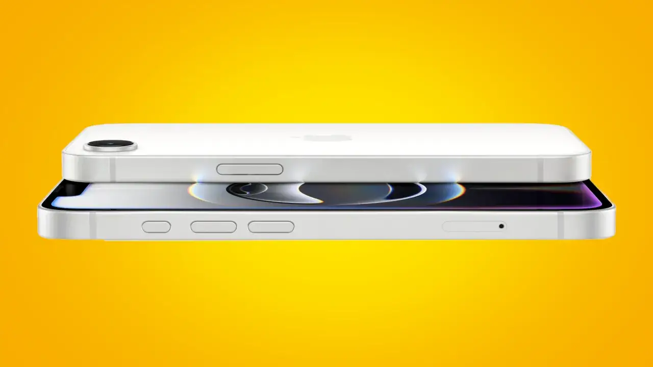 Två vita iPhones, en ovanpå den andra, med en gul bakgrund. Den övre har en kameralins, den nedre visar en skärm. Kanske en framtida iPhone SE 4?