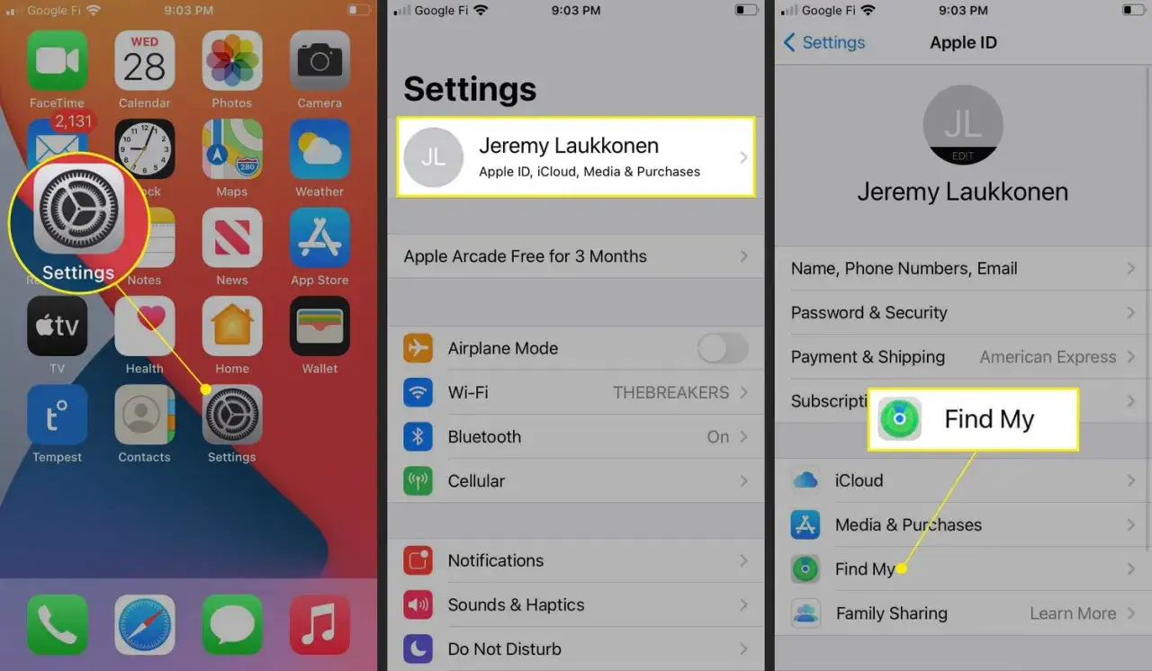 Instruktioner för att ta bort Hitta min iPhone. Gå till Inställningar, sedan ditt Apple-ID och välj Hitta min.