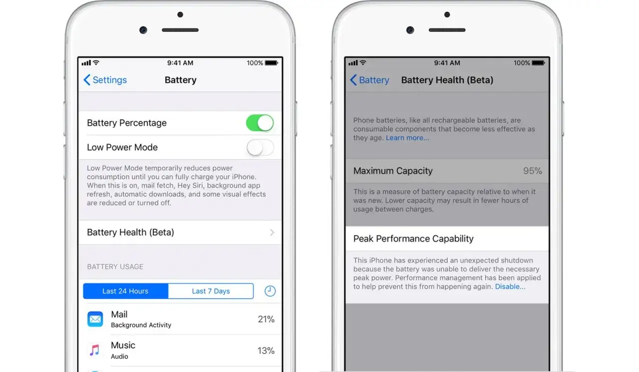 iPhone 6-inställningar visar batterihälsa. Dålig batteritid kan bero på slitage, som visas här med 95% maxkapacitet.