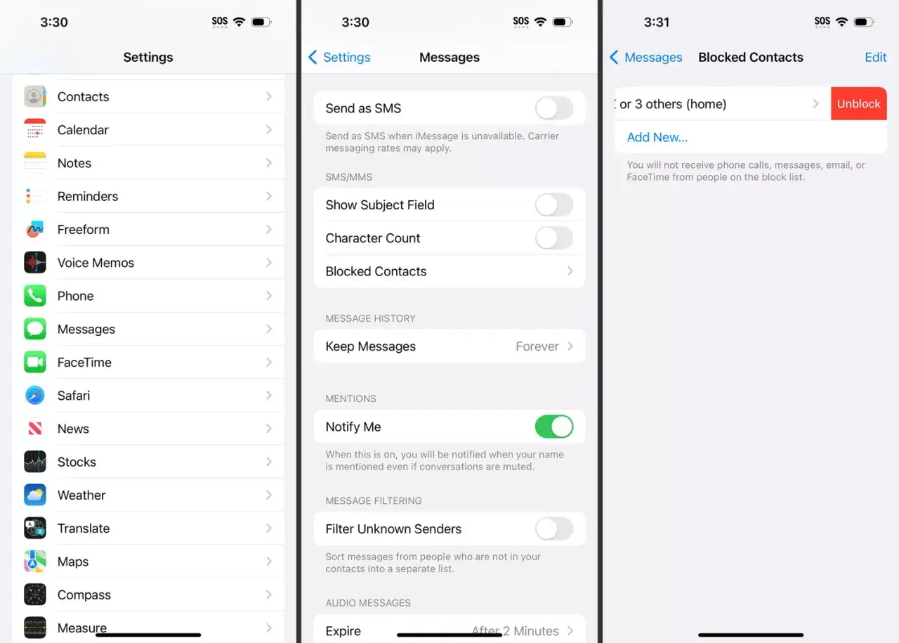Inställningar för meddelanden på iPhone. Här kan du se och hantera blockerade nummer.