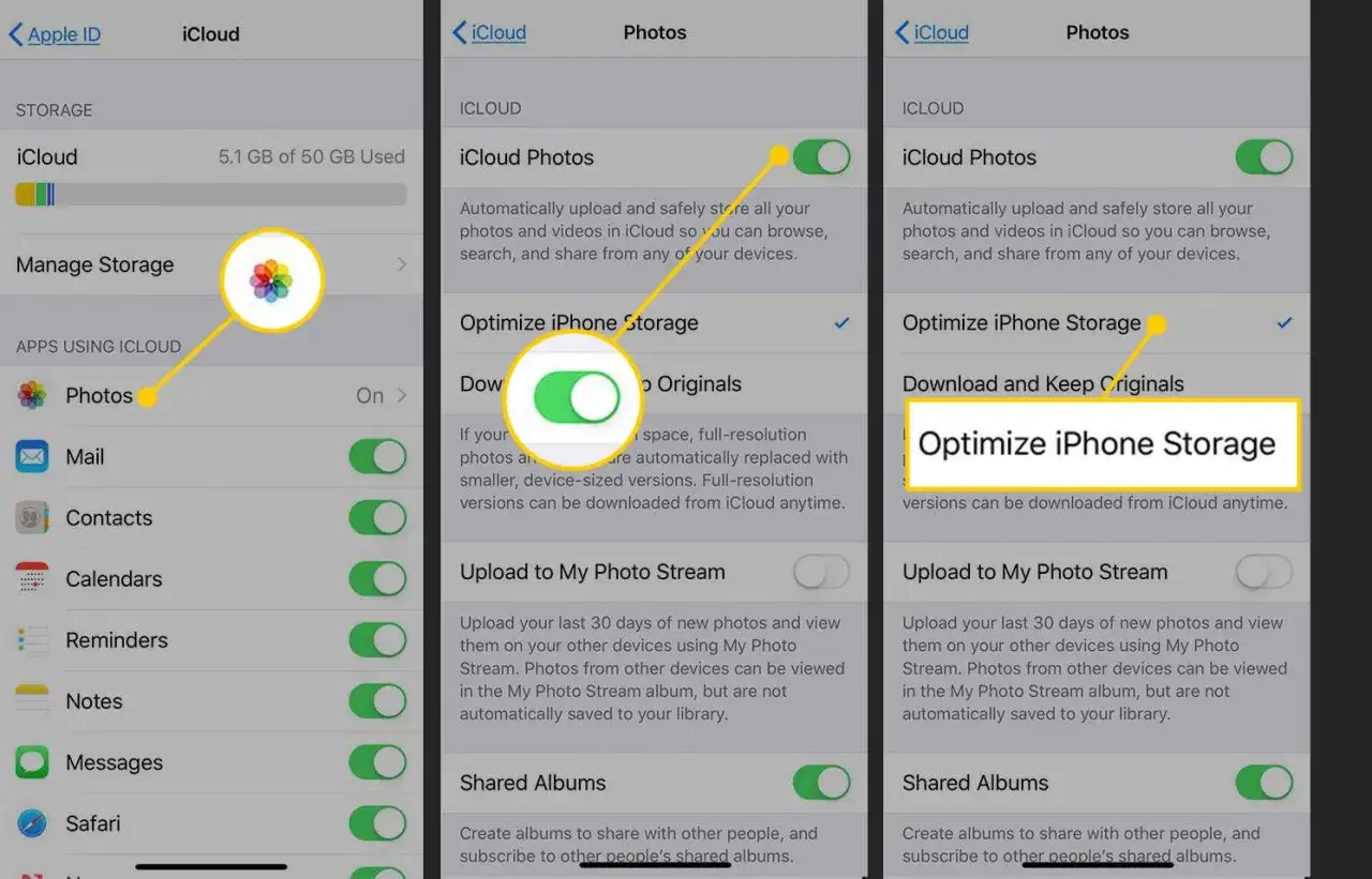 Inst&auml;llningar f&ouml;r att importera bilder till iPhone. V&auml;lj 