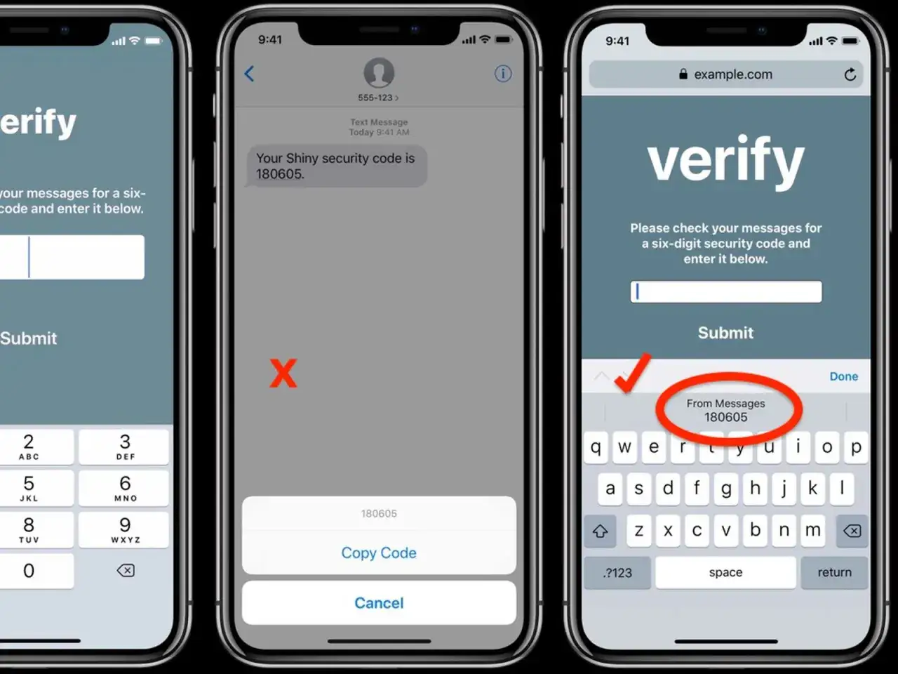 iPhone visar hur autofyll fungerar f&ouml;r verifieringskoder fr&aring;n SMS. Koden 180605 visas i ett meddelande och kan kopieras.
