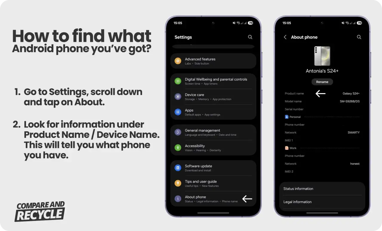 Visar hur du hittar vilken telefon du har genom att g&aring; till Inst&auml;llningar > Om telefonen. D&auml;r ser du produktnamnet, t.ex. 