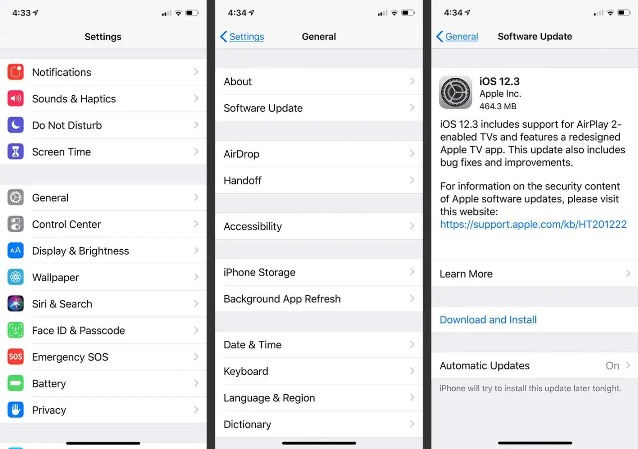 Inst&auml;llningar p&aring; iPhone visar hur du kan uppdatera Safari och iOS.