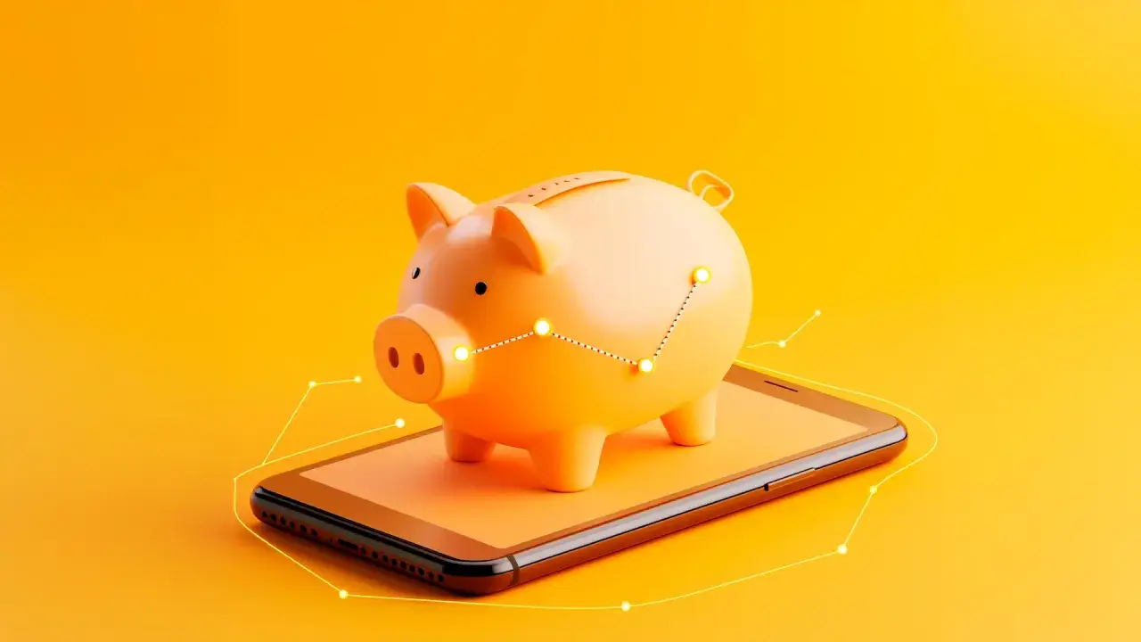 Spara pengar på ditt mobilabonnemang! En spargris på en mobiltelefon med en graf som visar besparingar. Lär dig hur byter man mobilabonnemang för att spara.