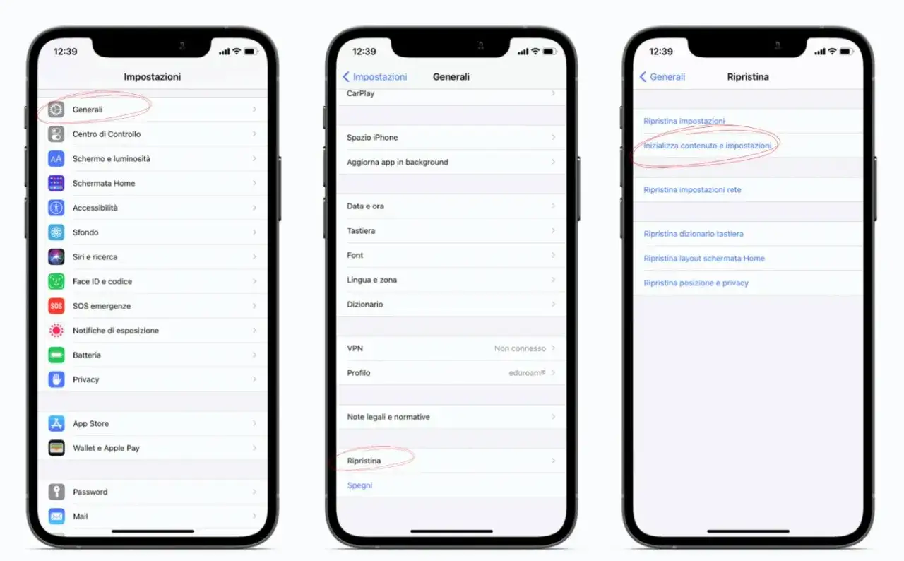 H&auml;r visas inst&auml;llningar f&ouml;r att &aring;terst&auml;lla iPhone. Du kan se vilken iOS-version du har genom att navigera till 